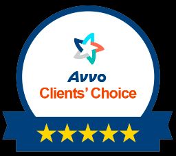 A badge that says avvo clients choice with five stars