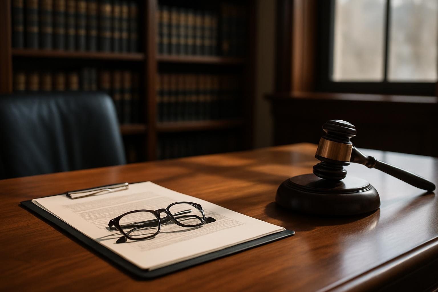 Law office desk with legal documents and gavel