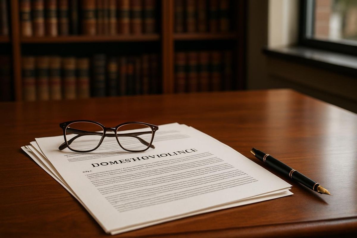 Professional law office desk with legal documents and books